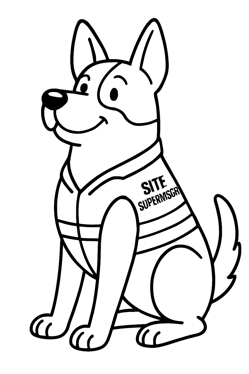 Line drawing of Jack the cattle dog in a safety vest, to colour in