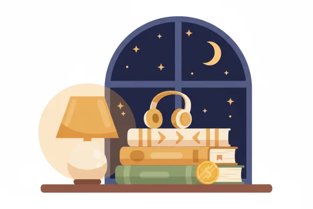 Stack of books with headphones and a gold coin