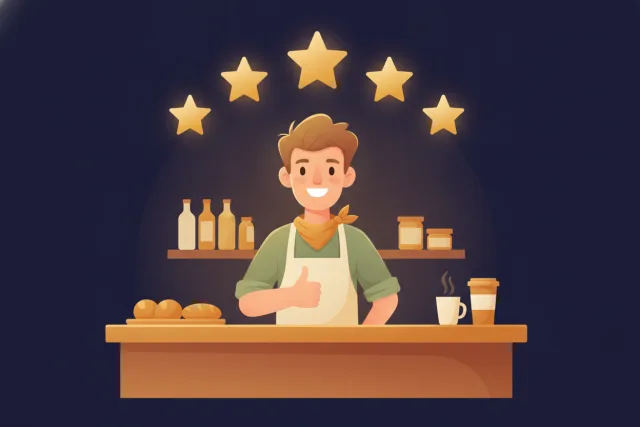 Five gold stars above a happy shop owner