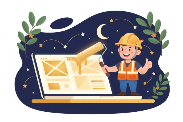 Builder painting a website on a laptop